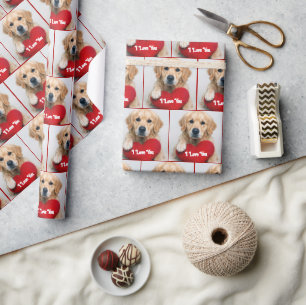 Golden Retriever With a Red Heart Pillow Wrapping Paper