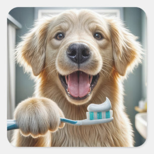 Golden Retriever With a Toothbrush Square Sticker