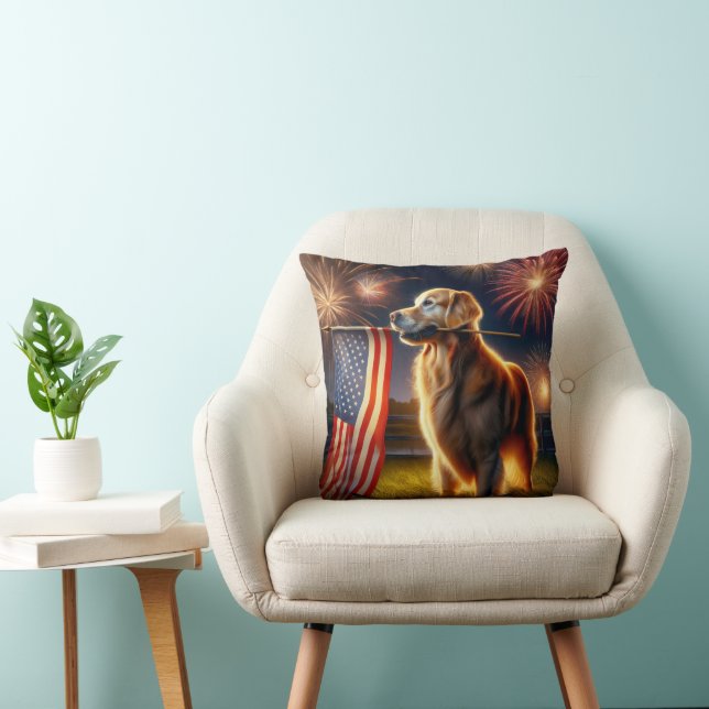 Golden Retriever With American Flag Cushion (Chair)