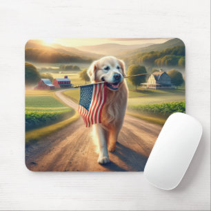 Golden Retriever With American Flag Mouse Pad