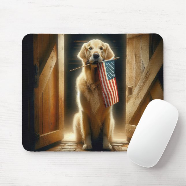 Golden Retriever With American Flag Mouse Pad (With Mouse)