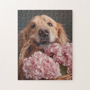 Golden retriever with basket of pink hydrangeas jigsaw puzzle