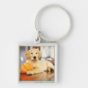 Golden Retriever With Basketball Toy Key Ring
