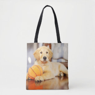 Golden Retriever With Basketball Toy Tote Bag
