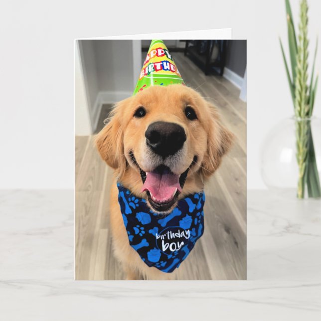 Golden Retriever with Birthday Hat and Bandanna Card (Front)