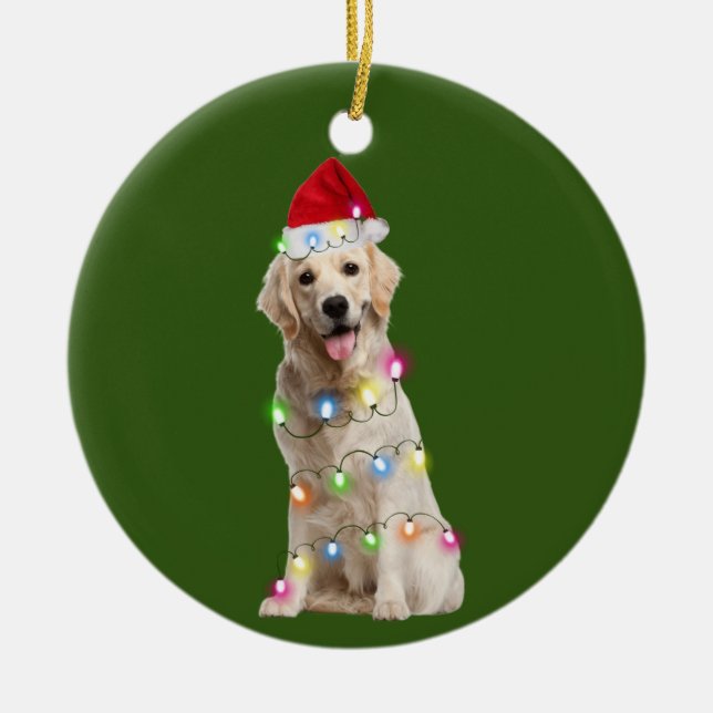 Golden Retriever With Christmas Scafts Santa Ceramic Ornament (Front)