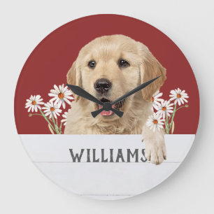 Golden Retriever With Daises Large Clock