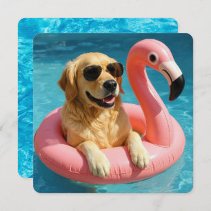 Golden Retriever With Flamingo Pool Party Invitation