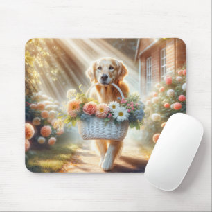 Golden Retriever With Flower Basket Mouse Pad