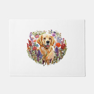 Golden retriever with flowers floral Embroidery vi Doormat