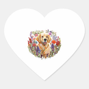 Golden retriever with flowers floral Embroidery vi Heart Sticker