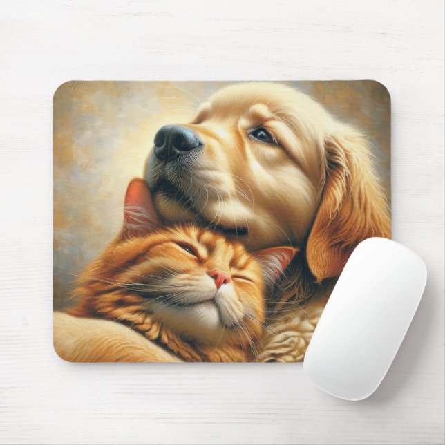 Golden Retriever With Ginger Cat Mouse Pad (With Mouse)