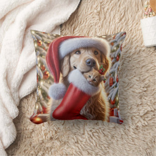 Golden Retriever With Ginger Kitten In a Stocking Cushion