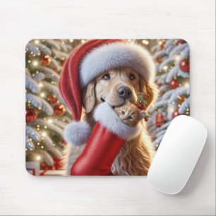 Golden Retriever With Ginger Kitten In a Stocking Mouse Pad
