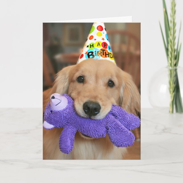 Golden Retriever With Happy Birthday Hat and Toy Card (Front)
