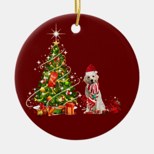 golden retriever With Hat Scaft Christmas Ceramic Ornament (Front)