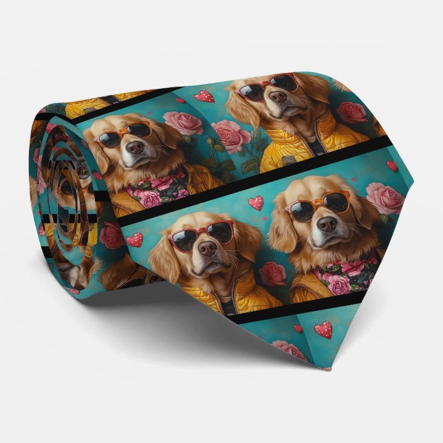 Golden Retriever With Heart Roses Valentine's Day Tie (Rolled)