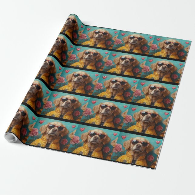 Golden Retriever With Heart Roses Valentine's Day Wrapping Paper (Unrolled)