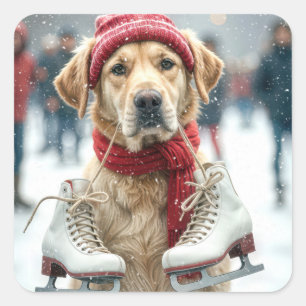Golden Retriever With Ice Skates Square Sticker