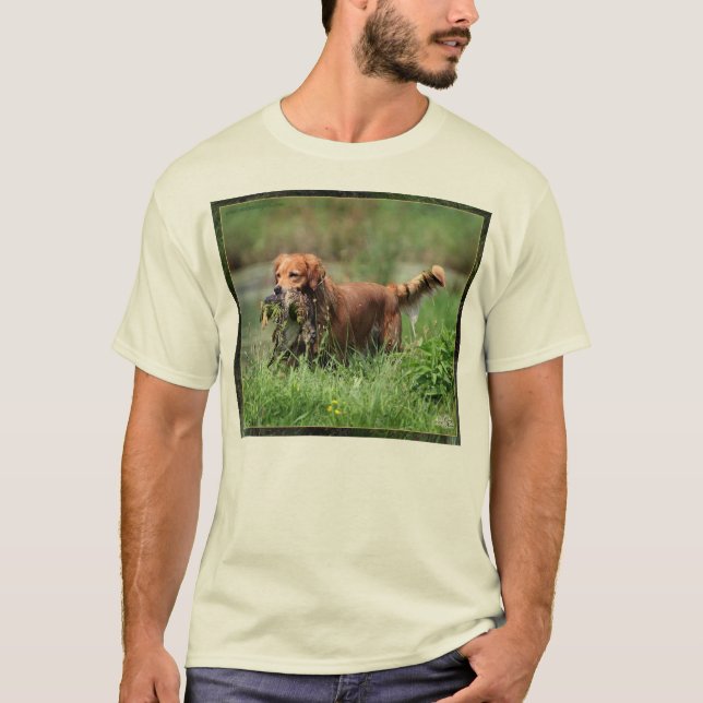 Golden Retriever with mallard duck shirt. T-Shirt (Front)