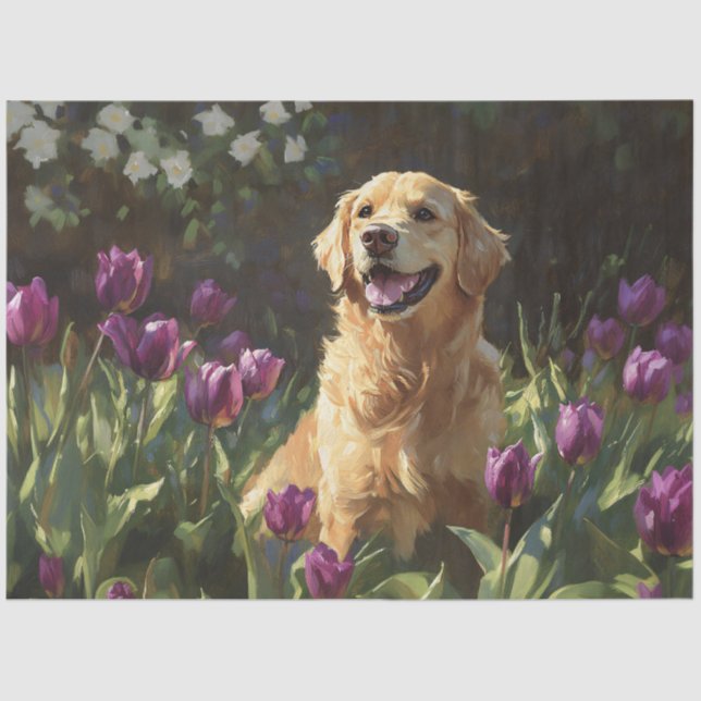 Golden Retriever with Purple Tulips Decoupage Tissue Paper (Front)