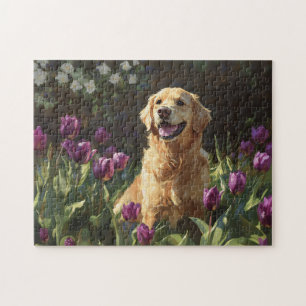Golden Retriever with Purple Tulips Jigsaw Puzzle
