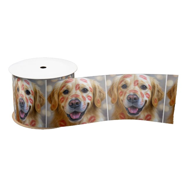 Golden Retriever with Red Lipstick Kisses Satin Ribbon (Spool)