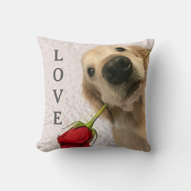 Golden Retriever With Red Rose Personalised Love Cushion (Front)