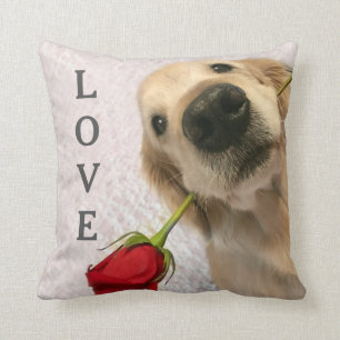 Golden Retriever With Red Rose Personalised Love Cushion