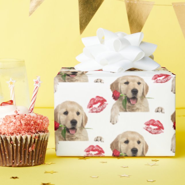 golden retriever with rose and kisses wrapping paper (Birthday Party)