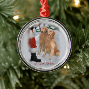 Golden Retriever With Santa Christmas Metal Ornament