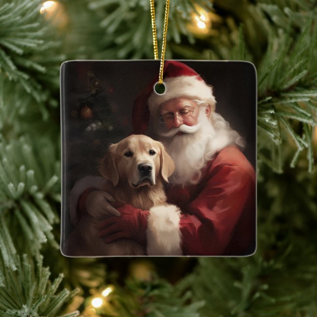 Golden Retriever With Santa Clause Christmas Ceramic Ornament (Tree)
