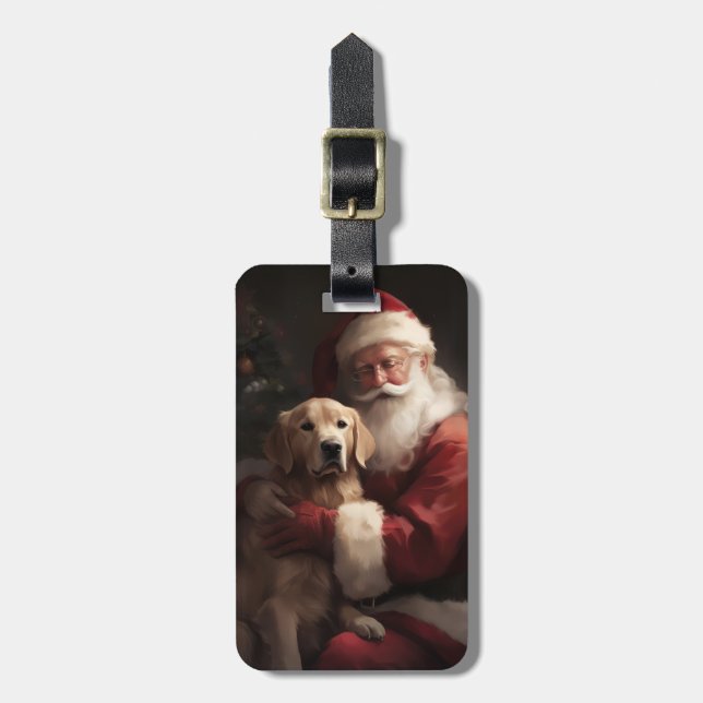 Golden Retriever With Santa Clause Christmas Luggage Tag (Front Vertical)