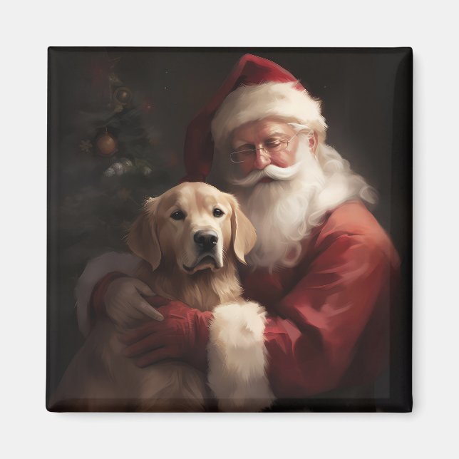 Golden Retriever With Santa Clause Christmas Magnet (Front)