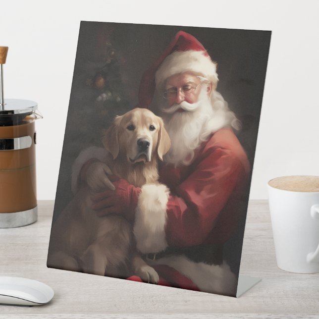 Golden Retriever With Santa Clause Christmas Pedestal Sign (In SItu)