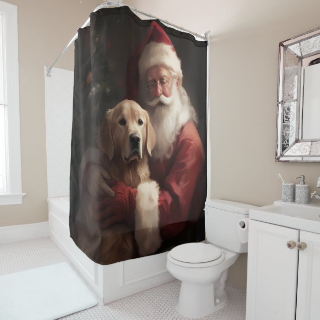 Golden Retriever With Santa Clause Christmas Shower Curtain (In Situ)
