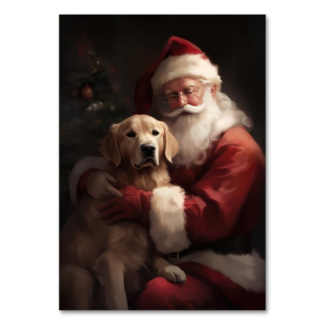 Golden Retriever With Santa Clause Christmas Table Number (Front)