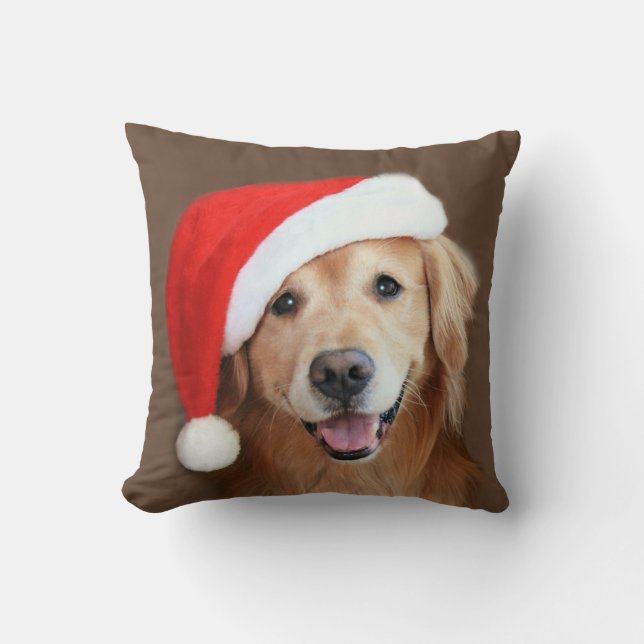 Golden Retriever With Santa Hat Cushion (Front)