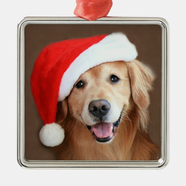 Golden Retriever With Santa Hat Metal Ornament (Front)