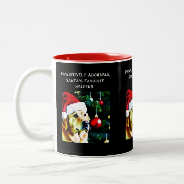 Golden retriever with Santa hat on coffee mug (Left)