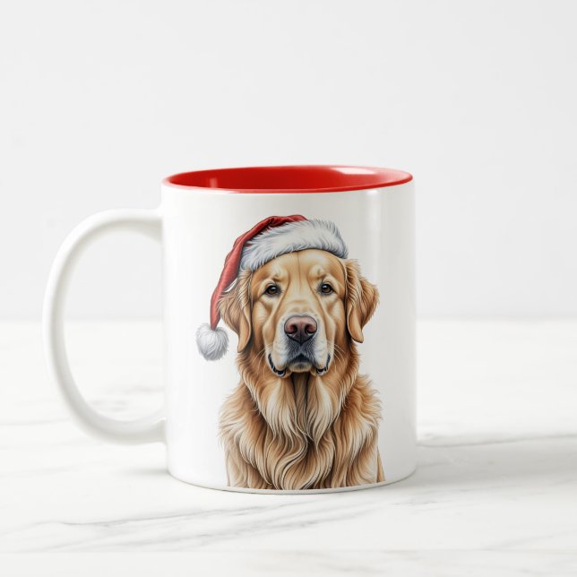 Golden Retriever with Santa Hat Two-Tone Coffee Mug (Left)