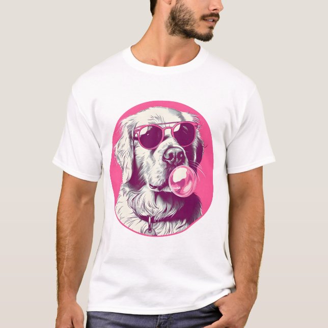 Golden Retriever with sunglasses pink bubble gum T-Shirt (Front)
