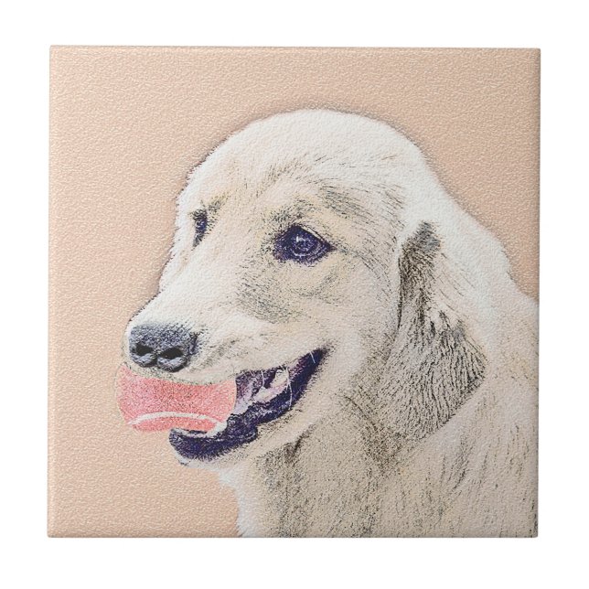 Golden Retriever with Tennis Ball Painting Dog Art Ceramic Tile (Front)