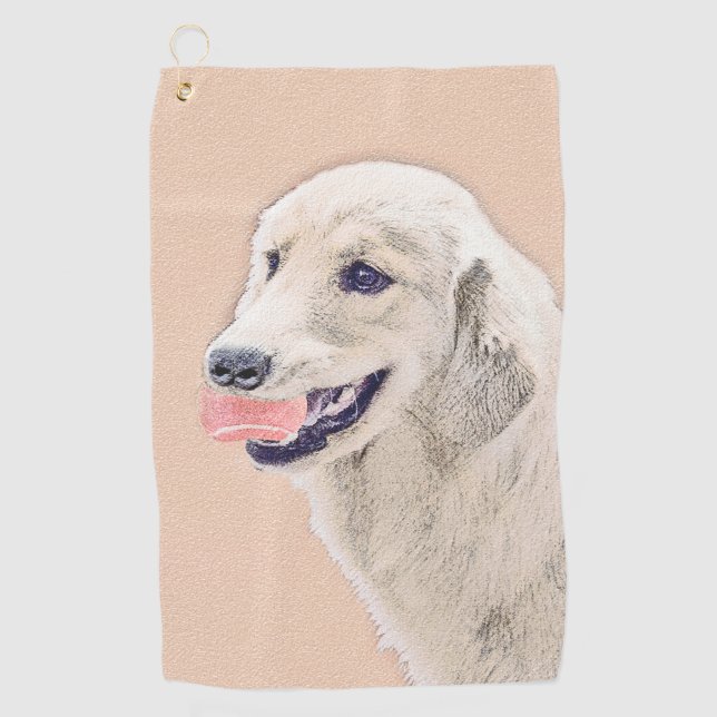 Golden Retriever with Tennis Ball Painting Dog Art Golf Towel (Front)