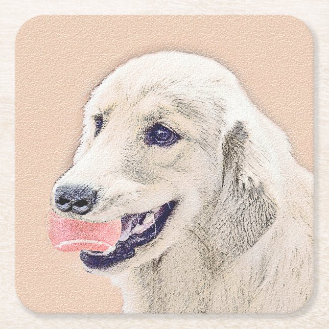 Golden Retriever with Tennis Ball Painting Dog Art Square Paper Coaster (Front)