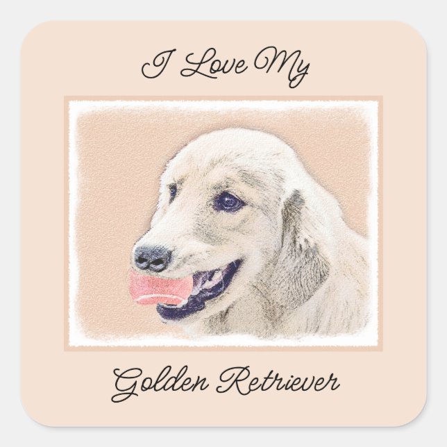 Golden Retriever with Tennis Ball Painting Dog Art Square Sticker (Front)