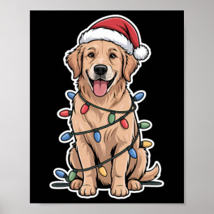 Golden Retriever Wrapped In Christmas Lights Poster