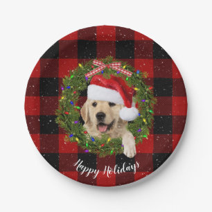 Golden retriever wreath on buffalo plaid paper plate
