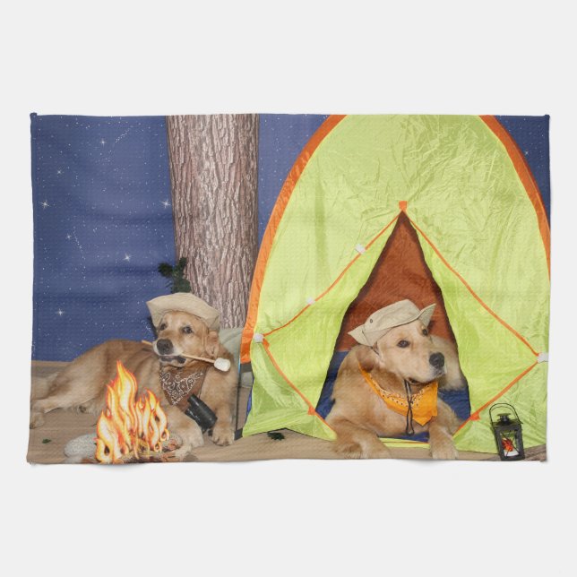 Golden Retrievers Camping Tea Towel (Horizontal)