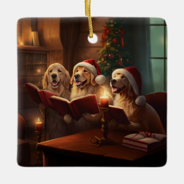 Golden Retrievers Christmas Caroling Holiday Ceramic Ornament (Front)